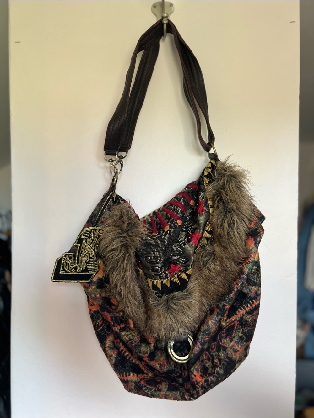 Vintage Desigual Multicolor Faux Fur Trim Shoulder Hobo Bag